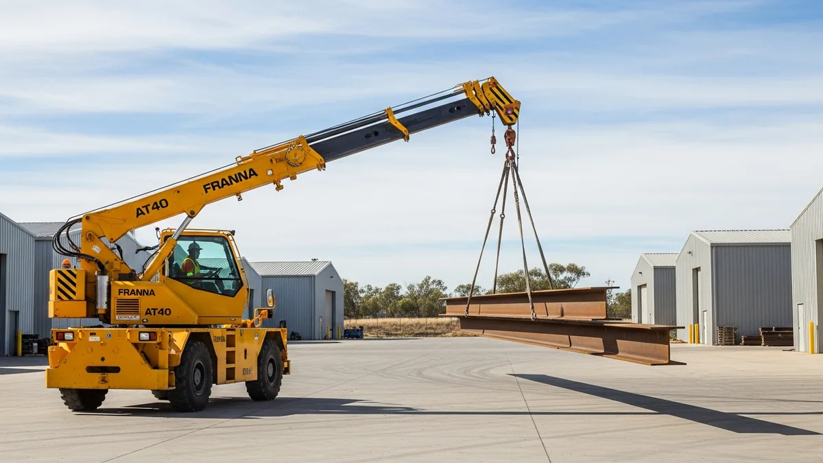 Franna pick-and-carry crane transporting steel beam across industrial warehouse yard