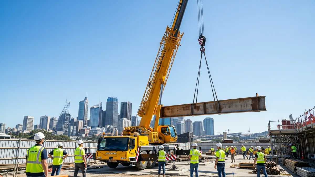 Mobile crane lifting steel beam on Sydney construction site with workers in safety gear
