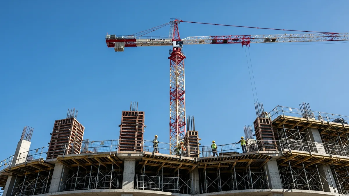 Tower crane on high-rise construction site in Sydney with clear blue sky